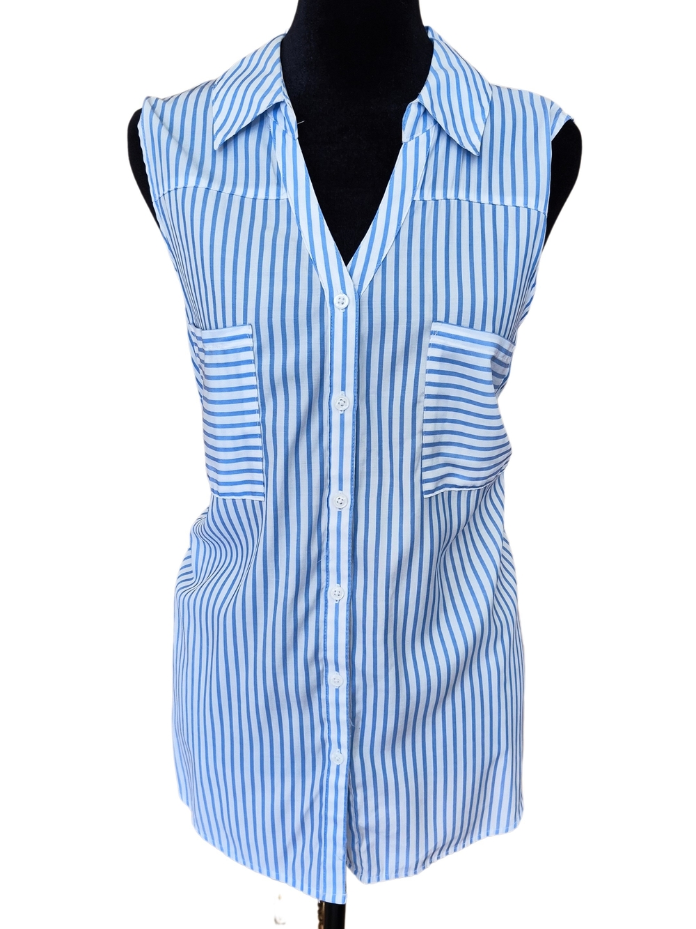Apt. 9 Blue White Striped Sleeveless Button Front Blouse XL Collared Tunic Top
